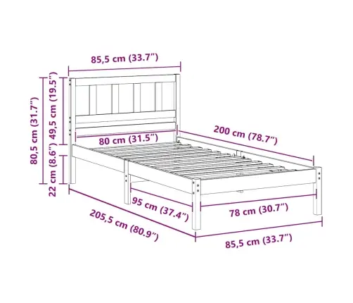 Voodi Raam Peaga Valge 80 X 200 Cm Tahke Mänd