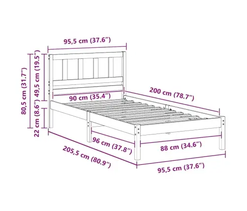 Lovos Rėmas Ruda 90 X 200 Cm Kietos Pušies Mediena