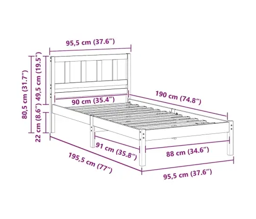 Lovos Rėmas Ruda 90 X 190 Cm Kietos Pušies Mediena