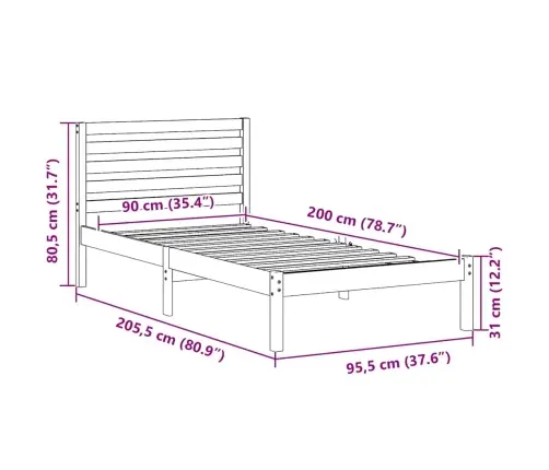 Gultas Rāmis Vaska Brūna 90 X 200 Cm Masīvkoka Priede Vidaxl