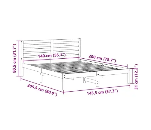 Voodi Raam Peaga Valge 140 X 200 Cm Tahke Mänd