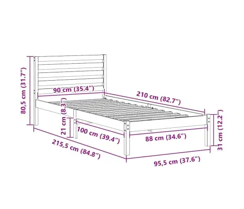 Gultas Rāmis Ar Galvas Klāju Balts 90 X 210 Cm Masīvkoka Priede Vidaxl