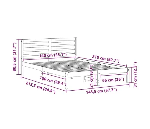 Gultas Rāmis Brūna 140 X 210 Cm Masīvkoka Priede Vidaxl