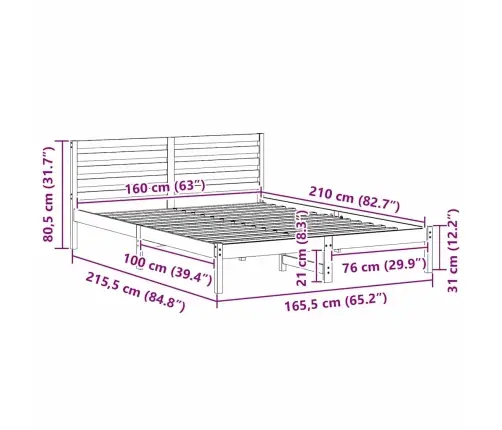 Gultas Rāmis Vaska Brūna 160 X 210 Cm Masīvkoka Priede Vidaxl