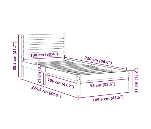 Gultas Rāmis Balts 100 X 220 Cm Masīvkoka Priede Vidaxl