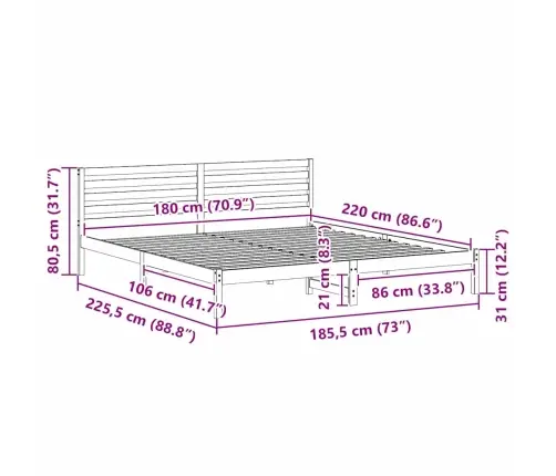 Voodi Raam Peaga Valge 180 X 220 Cm Tahke Mänd