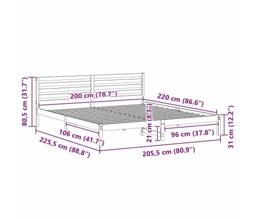 Voodi Raam Peaga Pruun 200 X 220 Cm Männipuit