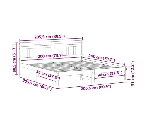 Gultas Rāmis Ar Galvas Klāju Brūna 200 X 200 Cm Priežu Koks Vidaxl