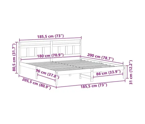 Gultas Rāmis Balts 180 X 200 Cm Priedes Masīvkoks Vidaxl