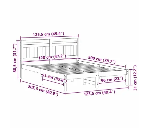 Gultas Rāmis Brūna 120 X 200 Cm Priedes Masīvkoks Vidaxl