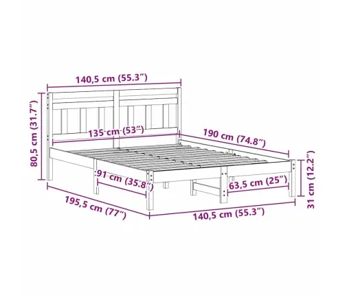 Gultas Rāmis Brūna 135 X 190 Cm Priedes Masīvkoks Vidaxl