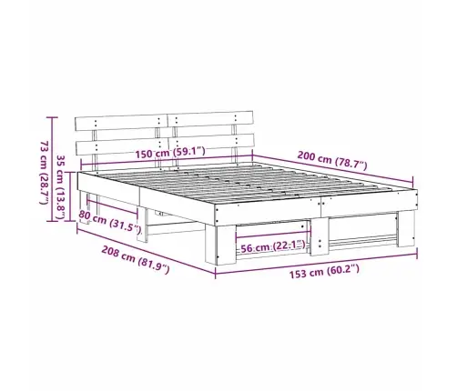 Lovos Rėmas Balta 150 X 200 Cm Kietos Pušies Mediena