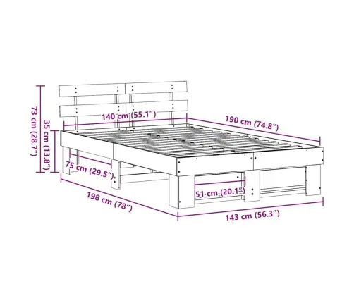Gultas Rāmis Brūna 140 X 190 Cm Masīvkoka Priede Vidaxl