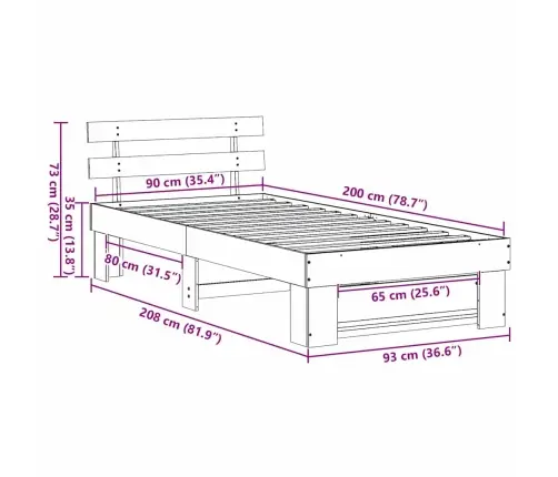 Lovos Rėmas Ruda 90 X 200 Cm Kietos Pušies Mediena
