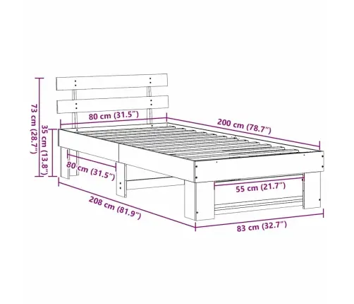 Gultas Rāmis Ar Galvas Klāju Brūna 80 X 200 Cm Masīvkoka Priede Vidaxl