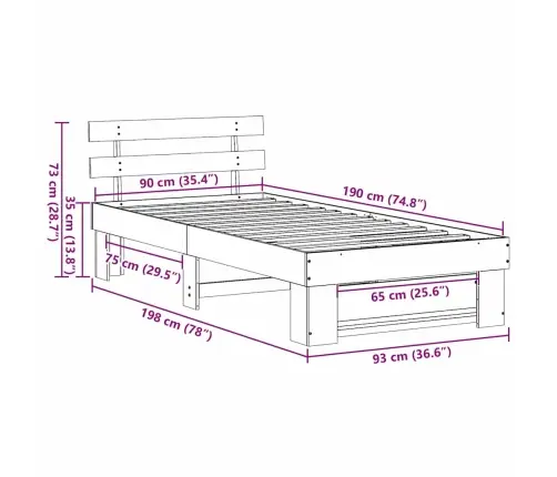 Lovos Rėmas Ruda 90 X 190 Cm Kietos Pušies Mediena