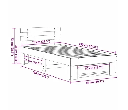 Gultas Rāmis Ar Galvas Klāju Brūna 75 X 190 Cm Masīvkoka Priede Vidaxl