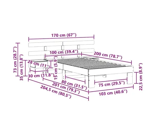 Voodi Raam Peaga Pruun 100 X 200 Cm Tahke Mänd