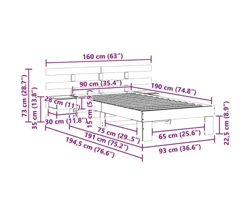 Lovos Rėmas Balta 90 X 190 Cm Kietos Pušies Mediena