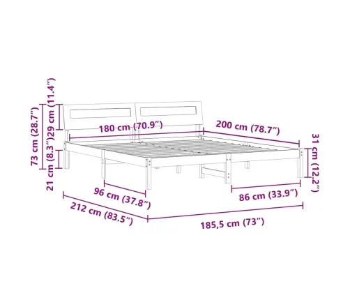 Lovos Rėmas Vaško Ruda 180 X 200 Cm Kietos Pušies Mediena