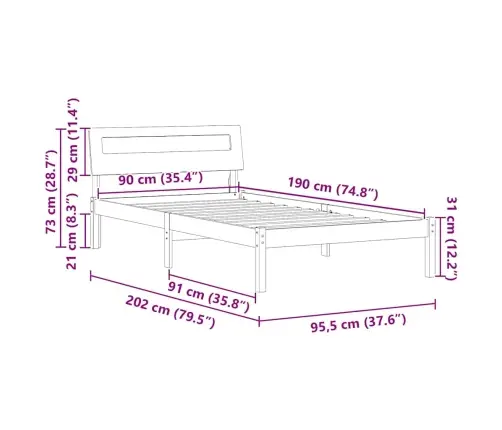 Gultas Rāmis Brūna 90 X 190 Cm Masīvkoka Priede Vidaxl