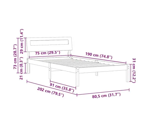 Gultas Rāmis Brūna 75 X 190 Cm Masīvkoka Priede Vidaxl