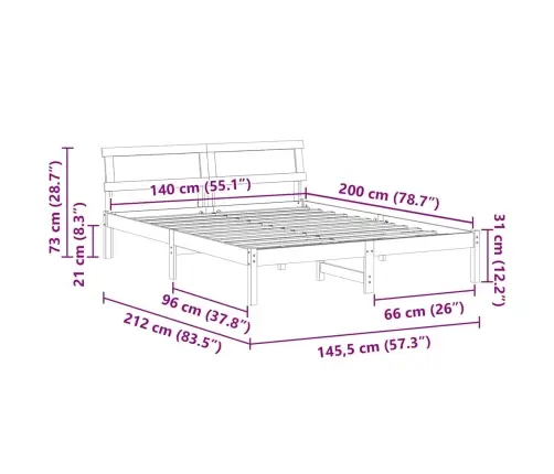 Gultas Rāmis Balts 140 X 200 Cm Masīvkoka Priede Vidaxl