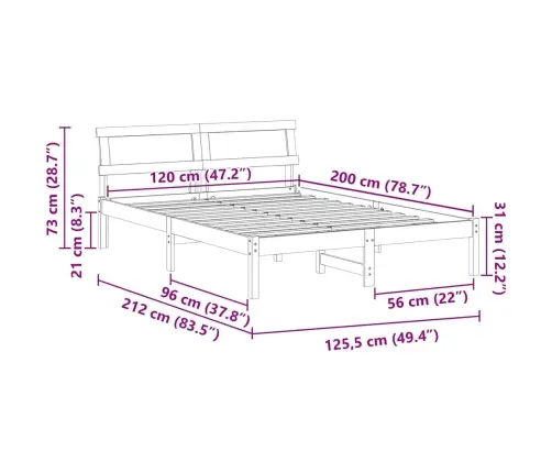 Gultas Rāmis Vaska Brūna 120 X 200 Cm Masīvkoka Priede Vidaxl