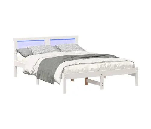 Voodi Raam Led -Ribatuledega Peaga Valge 140 X 190 Cm Männipuit