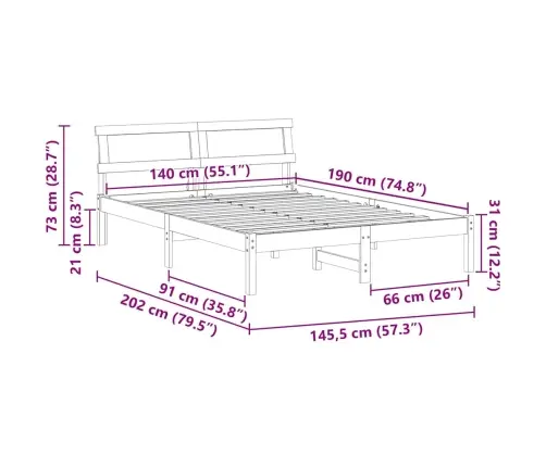 Voodi Raam Led -Ribatuledega Peaga Valge 140 X 190 Cm Männipuit