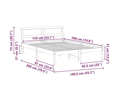 Gultas Rāmis Balts 135 X 190 Cm Masīvkoka Priede Vidaxl