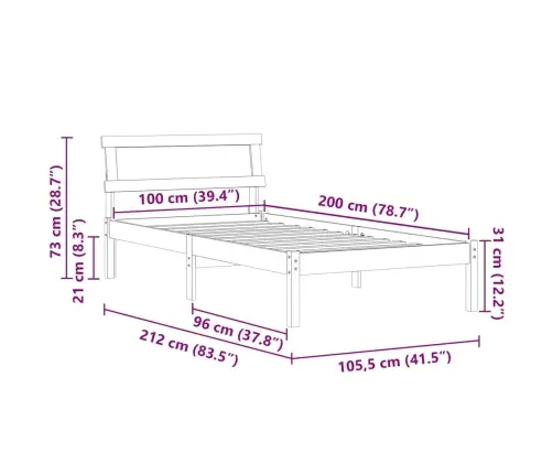Gultas Rāmis Ar Galvas Klāju Un Led - Balts 100X200 Cm, No Cietām Priedēm Vidaxl