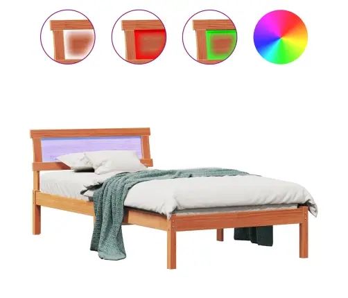 Gultas Rāmis Ar Galvas Balstu Un Led - Vaska Brūns, 100 X 200 Cm, Ciets Priedes Koks. Vidaxl