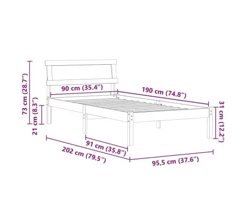 Lovos Rėmas Balta 90 X 190 Cm Kietos Pušies Mediena
