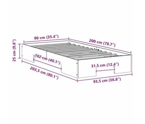 Grīdas Gultas Rāmis Balts 90 X 200 Cm Priedes Masīvkoks Vidaxl