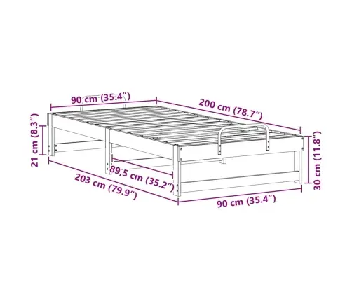 Lovos Rėmas Balta 90 X 200 Cm Kietos Pušies Mediena