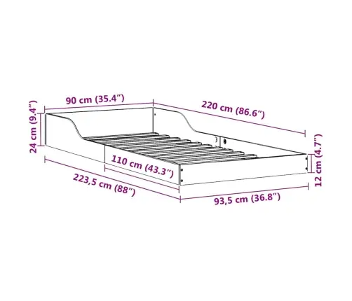 Lovos Rėmas Balta 90 X 220 Cm Kietos Pušies Mediena