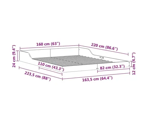 Voodi Raam Valge 160 X 220 Cm Tahke Mänd