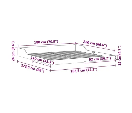 Gultas Rāmis Balts 180 X 220 Cm Priedes Masīvkoks Vidaxl