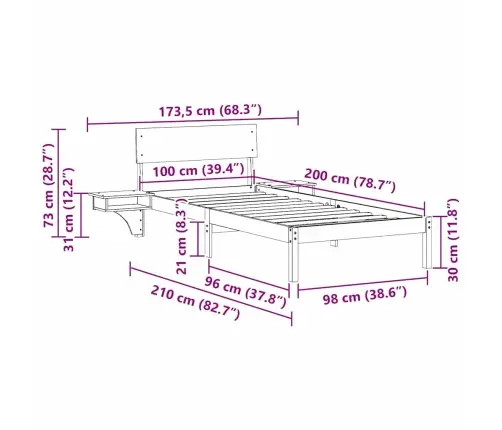 Voodi Raam Peaga Valge 100 X 200 Cm Tahke Mänd
