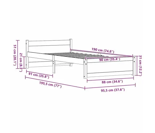 Gultas Rāmis Vaska Brūna 90 X 190 Cm Priedes Masīvkoks Vidaxl