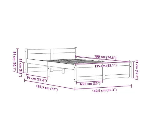 Gultas Rāmis Vaska Brūna 135 X 190 Cm Priedes Masīvkoks Vidaxl