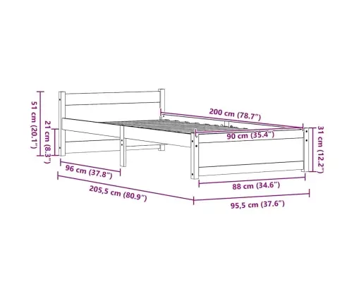 Gultas Rāmis Vaska Brūna 90 X 200 Cm Priedes Masīvkoks Vidaxl