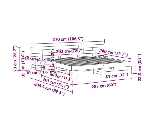 Gultas Rāmis Ar Atvilktni Brūna 200 X 200 Cm Priedes Masīvkoks Vidaxl