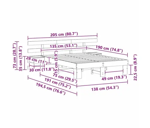 Gultas Rāmis Balts 135 X 190 Cm Cieta Priede Un Cieta Priede Vidaxl