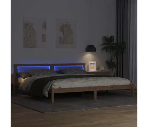 Voodi Raam Led -Ribatuledega Peaga Pruun 200 X 200 Cm Männipuit