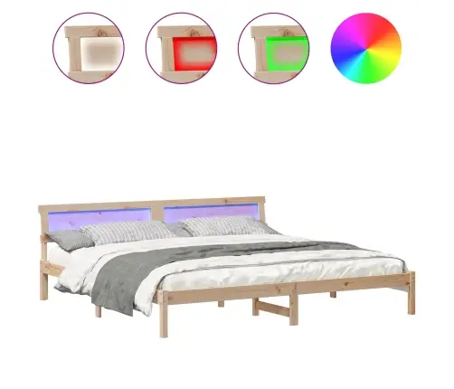 Voodi Raam Led -Ribatuledega Peaga Pruun 200 X 200 Cm Männipuit