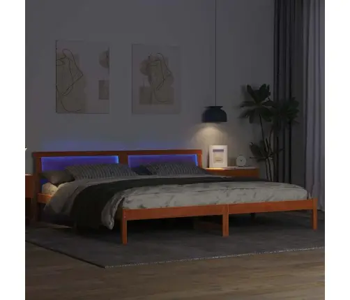 Gultas Rāmis Ar Led Sloksnes Lukturiem Ar Galvas Klāju Brūna 200 X 200 Cm Koka Vidaxl
