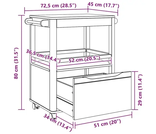 Virtuves Ratiņš Floro Vaks Brūns 72,5 X 45 X 80 Cm Cieta Priede Vidaxl