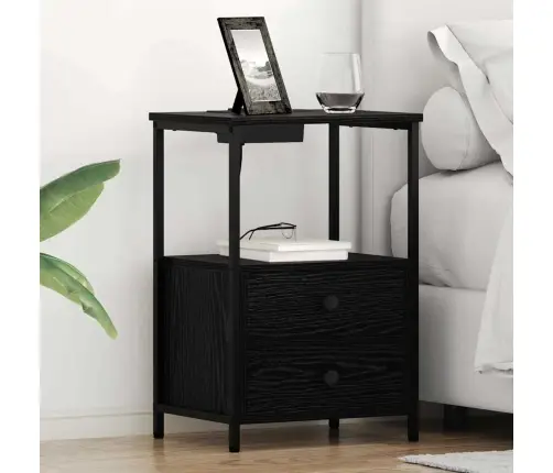 Nakts Skapis Ar Uzlādes Staciju Melns Ozols Inženierijas Koks Vidaxl